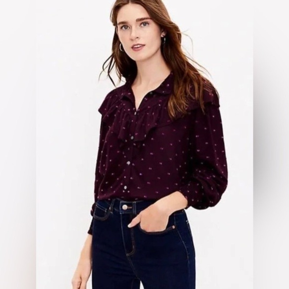 LOFT Maroon Pink Polka Dot Ruffle Neck Button Up Yoke Blouse Size S Prairie